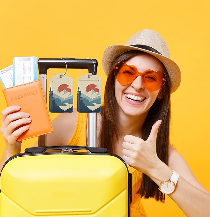 TSA Approved Luggage Tags for Suitcases Mountain Sun Forest 2 Pack Funny Leather Carnival Cruise Airport Cute Travel Name Tags Golf Bag tag Ships Essentials Privacy Cover ID Label for Women Men