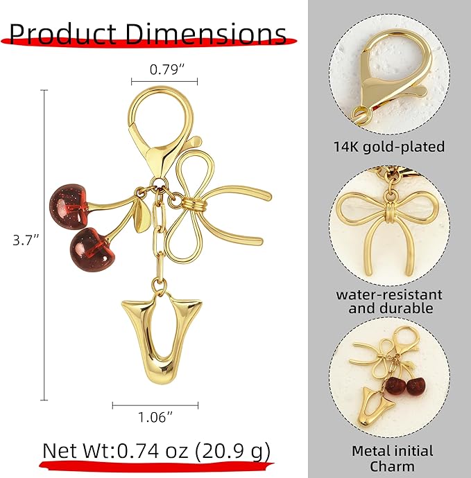 Gold Bubble Heart, Cherry, Bow & More Designs Letter Initial Keychain Bag Charms – Cute Purse Charms for Handbags