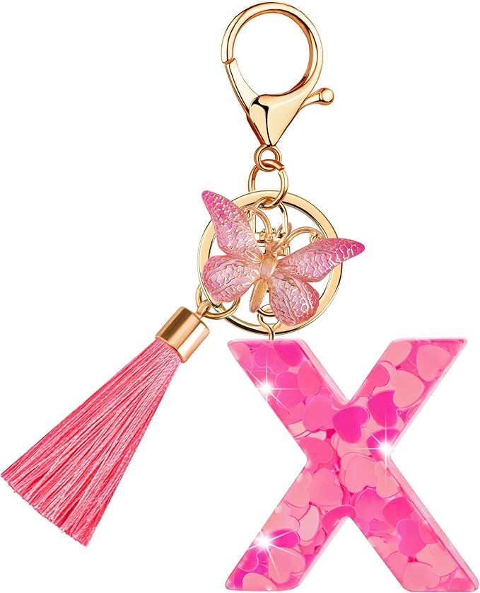 Suweibuke Colourful Cute Initial Letter Keychains for Women Girls with Tassel Butterfly, Charm for Purse Handbags Backpacks