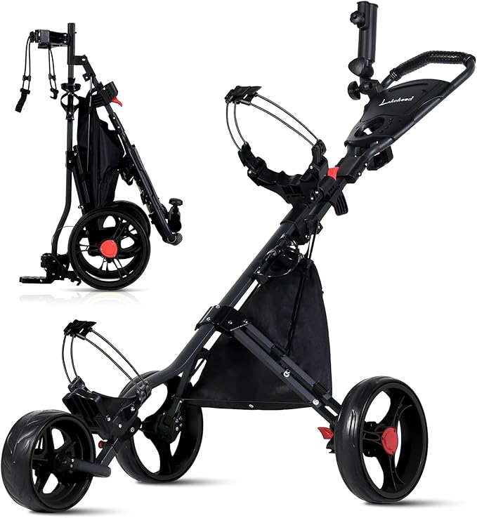 Lakehood 3 Wheel Golf Push Cart & Golf Bag Cart - Easy Fold/Unfold, Smooth Golf Push Pull Cart, One-Tap Brake, Push Golf cart Perfect for Golf Enthusiasts & Professionals