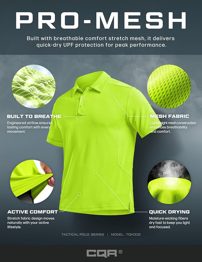 CQR Men's Polo Shirts, Tactical Short Sleeve Golf Performance Shirts, Lightweight Dry Fit UPF 50+ Pique