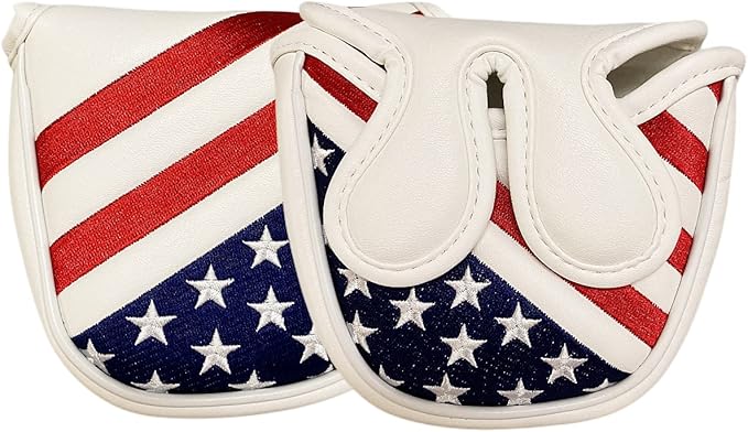 Embroidery Stars & Stripes Center Shafted Golf Mallet Putter Cover Magnetic Mallet Putter Head Cover Club Protective Case, Red White Blue Mallet Putter Headcover