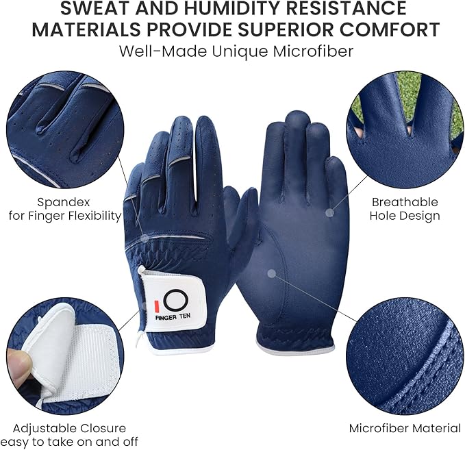 FINGER TEN All Weather Grip Golf Gloves Men Value 3 Pack for Right Handed Golfer, Hot Wet Rain Grip & Comfort Soft Glove for Premium Performance, Colors White Black Blue Sizes S M L XL