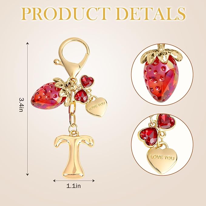 Snycler Bubble Initial Keychain with Strawberry & Bow- Gold Letter Bag Charms for Women, Cute Purse Handbag Accessories