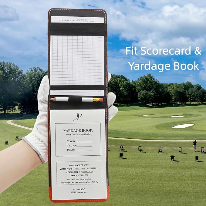 Golf Scorecard Holder & Yardage Book Cover – Premium Vegan Leather Golf Organizer, Slim Pocket Design with Elastic Strap for 4.5"x7" Cards, Bonus Pencil and Scorecards, for Golfers