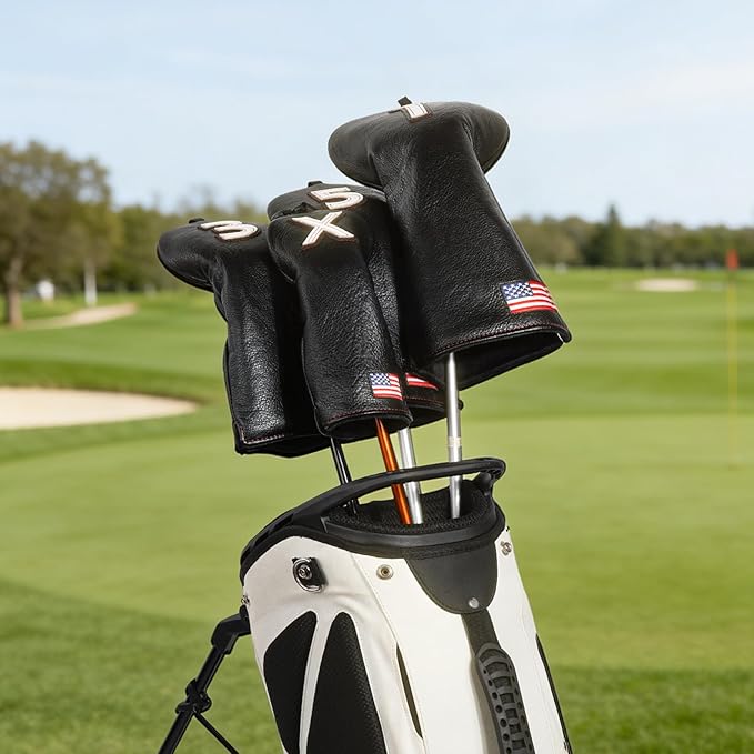 Golf Head Covers, American Flag Patriotism Golf Club Cover for Woods and Driver, Fairway, Hybrid - Premium Leather Golf Club Head Covers with Interchangeable Tags
