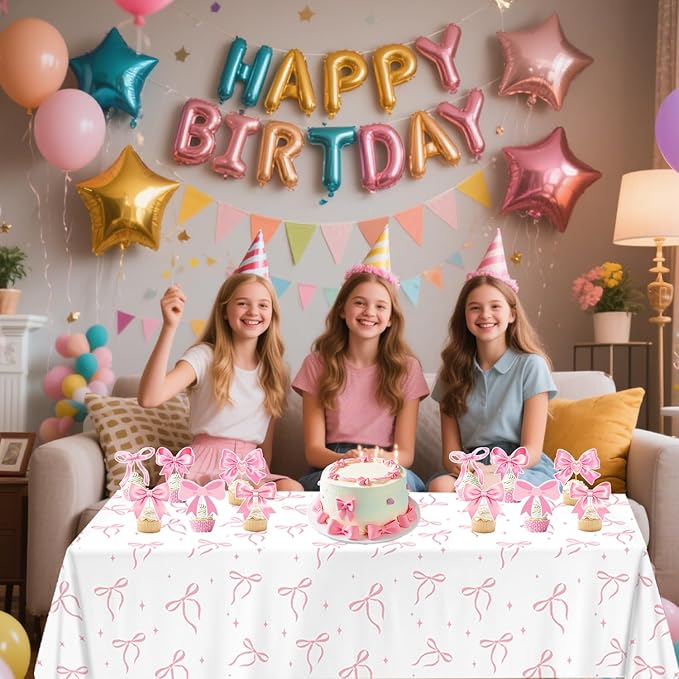 4 Pack Pink Bow Tablecloth, Coquette Birthday Decorations, Bow Disposable Table Cover for Wedding Engagement Bridal Birthday Decorations, 54 x 108 Inch