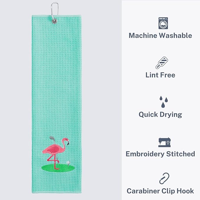 Embroidered Golf Towel Set – Custom Towels for Golf Bags & Carts – Golf Accessories & Gifts for Kids, Men, & Women – Microfiber Waffle and Ball Towels – Flamingo Design - 2-Pack