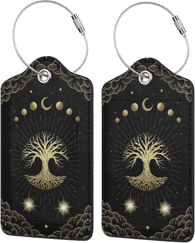 Magic Moon Tree Luggage Tags Set of 2 Leather Stainless Steel Loop Label Tag for Travel Bag Suitcase