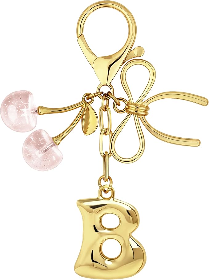 Gold Bubble Heart, Cherry, Bow & More Designs Letter Initial Keychain Bag Charms – Cute Purse Charms for Handbags