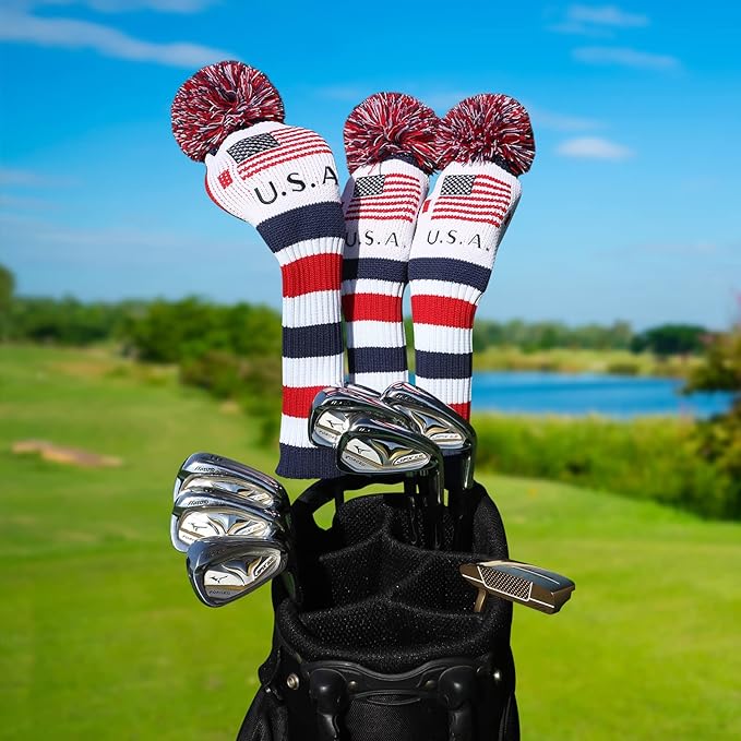Craftsman Golf Knit Pom Pom 3pcs Headcover Set Vintange Sock Covers for Driver and Woods