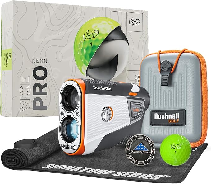 Bushnell Golf Tour V6 Shift Laser Rangefinder with Vice Balls | Slope Compensation, PinSeeker, Magnetic Mount, 1300 YD Range, 6X Magnification | Signature Series Golf Towel