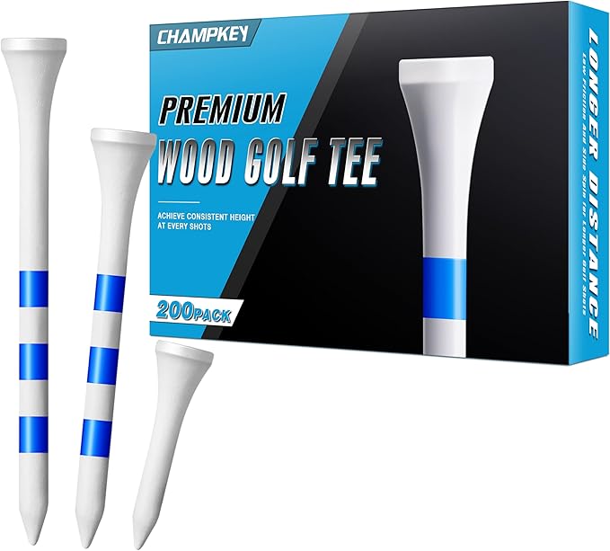 CHAMPKEY Premium Wood Golf Tees 200 Count - 3 Line Marking System Golf Wood Tees - Achieve Consistent and Long Distance Shot