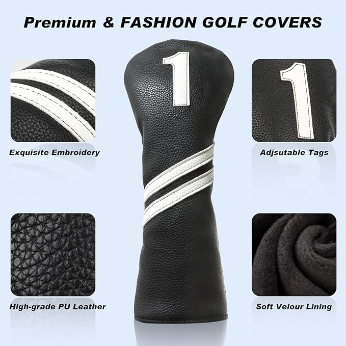 Golf Head Covers for Driver and 5 Wood - PU Leather Golf Headcovers Fits Standard 460cc Driver and Fairway Woods Head Golf Club