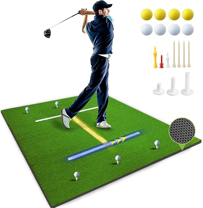 Golf Mat 5x4ft Thicken Golf Hitting Mats Outdoor, Golf Practice Swing Mat, Golf Stance Mat, Golf Training Aid, Non-Slip/High-Elastic Base, w/ 10 Golf Tees & 8 Golf Balls