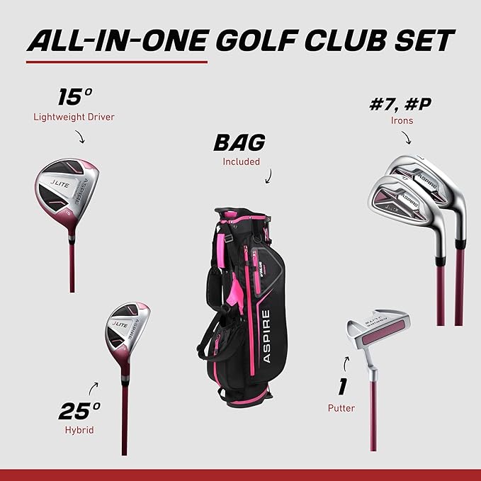 Aspire X-Lite Super Performance Junior Golf Club Set - Right-Handed Kids Golf Set with Driver, Hybrid, 7 Iron, Putter, Stand Bag & Headcovers