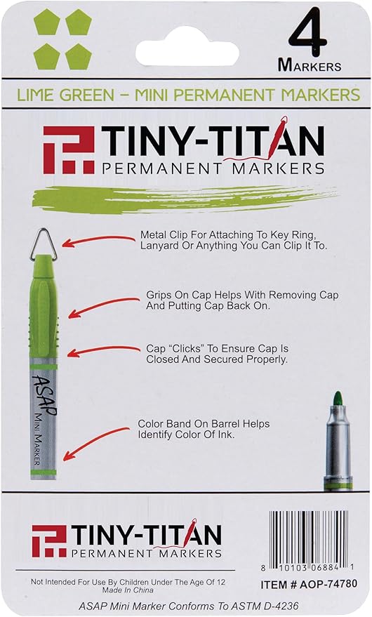 Tiny-Titan Mini Markers, Keychain Clip, Golf Ball Marker, Clip On Nurse's Badge - LIME GREEN Ink - Fine Point - 4 Pens Per Pack