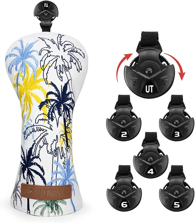 Golf Club Head Covers 3 Wood Headcover Hawaii Coconut Tree Style Elegant Embroidery Premium Leather Waterproof Driver Cover Fairway Wood Cover Hybrid Cover with Number Tags