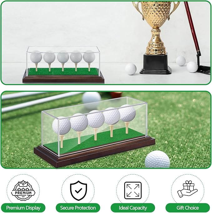 Golf Ball Display Case for 5 Balls Clear Acrylic Lid with Wooden Base and Tees, Memorabilia Stand Holder, Dustproof Transparent Storage Box for Golf Ball Collections Gifts Decor