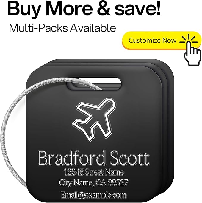 Personalized Luggage Tags - Custom Metal Luggage Tags for Suitcases, Backpacks and Bags with Your Personalized Photo Club Logo Text (Square-Black)