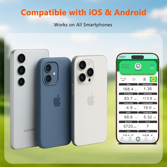 Golf Launch Monitor & Simulator: Portable Swing Analyzer for iOS/Android with Virtual Course, 3D Trajectory for Indoor/Outdoor Use