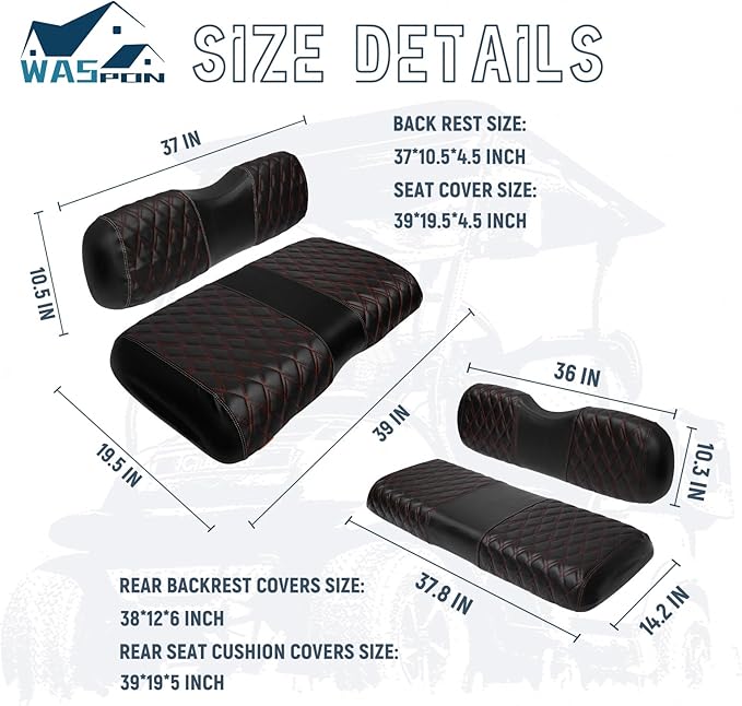 4PCS Golf Cart Diamond Seat Covers Kit, Fits EZGO RXV 2008+ Golf Cart Vinyl Replacement Seat Cover （Black Stitching, No Stapler, Easy to Clean）