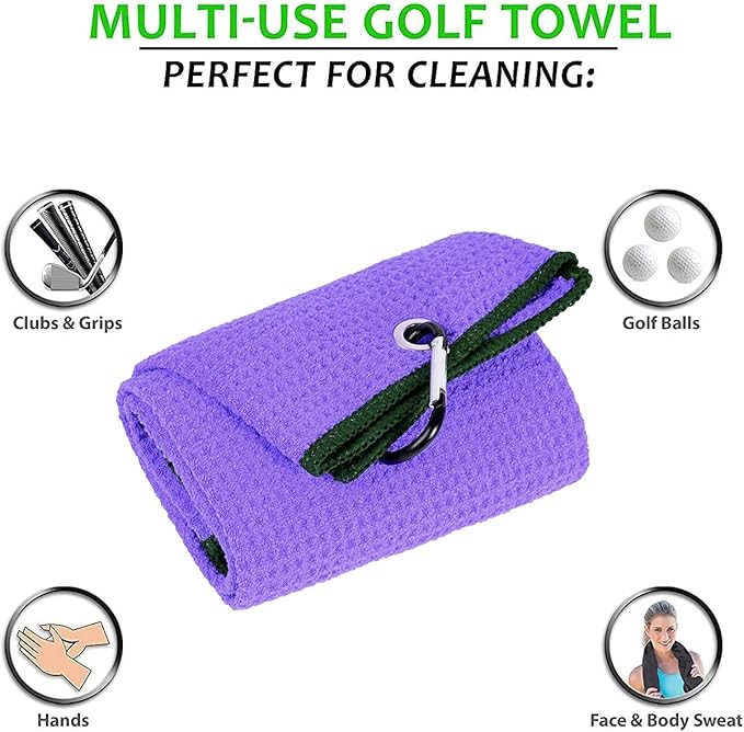 Golf Towels, Microfiber Waffle Pattern Tri-fold Golf Towel - Brush Tool Kit with Club Groove Cleaner, with Clip Men Women Golf Gifts (Purple Towel+Black Brush)