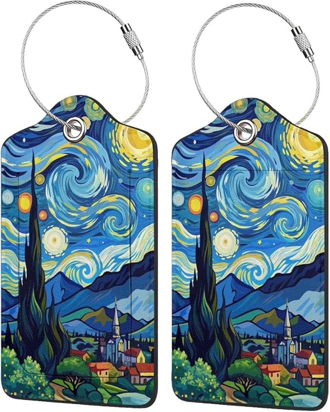 TSA Approved Luggage Tags for Suitcases Cartoon Van Gogh Starry Night 2 Pack Funny Leather Carnival Cruise Airport Cute Travel Name Tags Golf Bag tag Ships Privacy Cover ID Label for Women Men