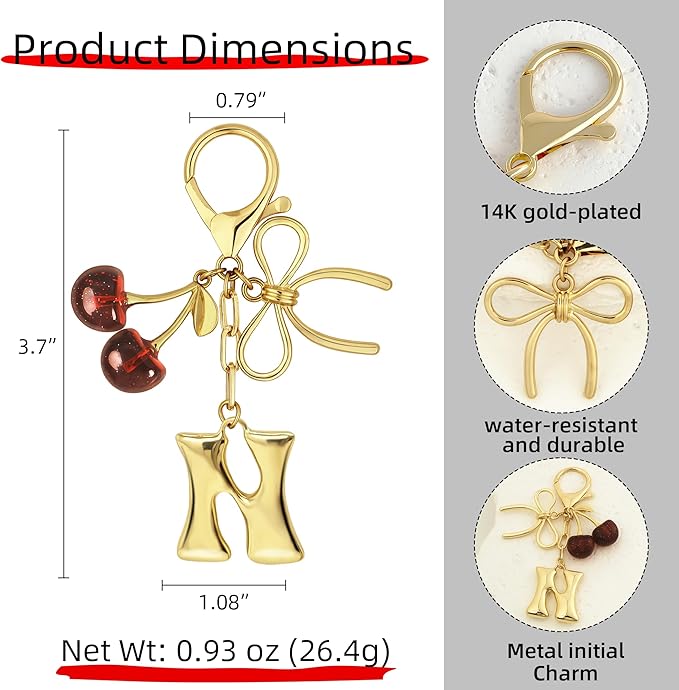 Gold Bubble Heart, Cherry, Bow & More Designs Letter Initial Keychain Bag Charms – Cute Purse Charms for Handbags