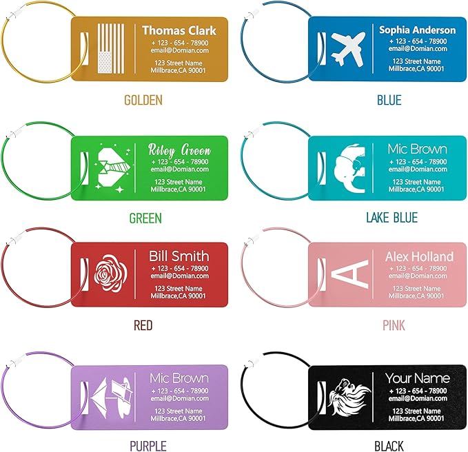 4 Pack Personalized Luggage Tags, Custom Engraved Aluminum Luggage Tags with Your Personalized Text, Waterproof Metal Name Tags with Steel Loop for Bags, Suitcase, Baggage, Backpack (Red, Small)