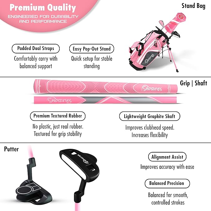 Shorties Golf - Kids Golf Club Set | Perfect for Toddler Golfers and Kids 34"-38" Tall | EasyCarry Stand Bag | Driver, 7-Iron, Putter, Headcover, and Rain Cover
