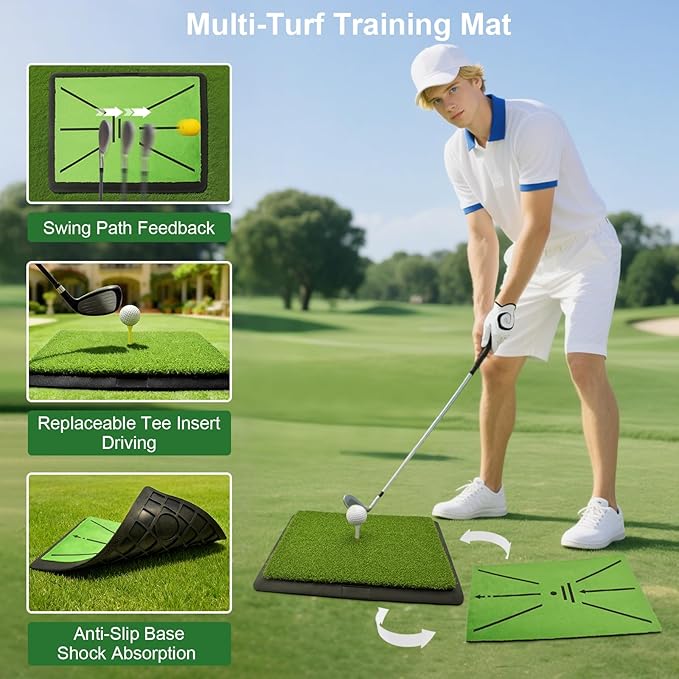 Golf Hitting Mat, with Extra Replaceable Golf Practice Mat for Swing Path Detection Batting Training 16"x12" with Tees, for Driving, Chipping, Indoor/Outdoor