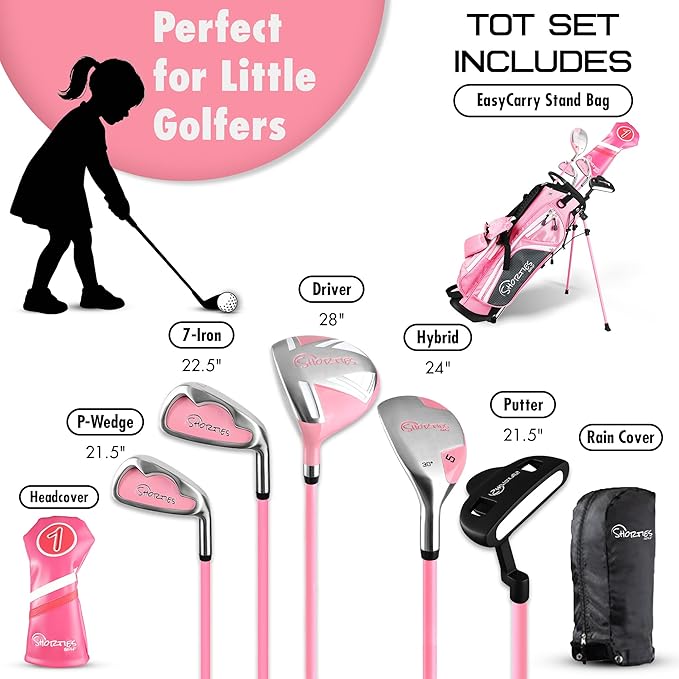 Shorties Golf - Kids Golf Club Set | Perfect for Toddler Golfers and Kids 34"-38" Tall | EasyCarry Stand Bag | Driver, 7-Iron, Putter, Headcover, and Rain Cover