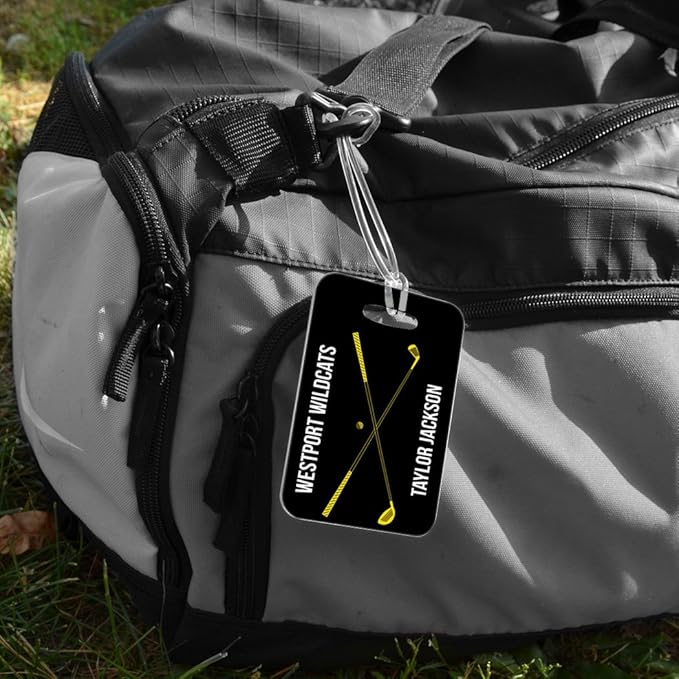 ChalkTalkSPORTS Golf Luggage & Bag Tag | Personalized Crossed Golf Clubs | Standard Lines on Back | Medium | Black/Yellow