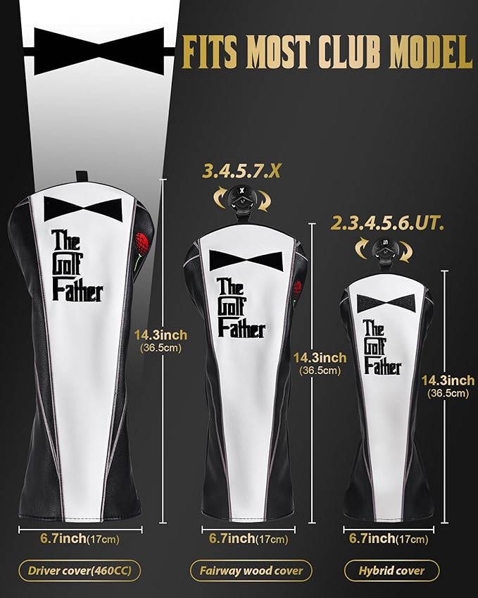 The Golf Father Golf Club Covers, Driver Fairway Hybrid Headcover, Funny Putter Cover Magnetic, Black & White Color Iron Covers,Golf Gifts for Men