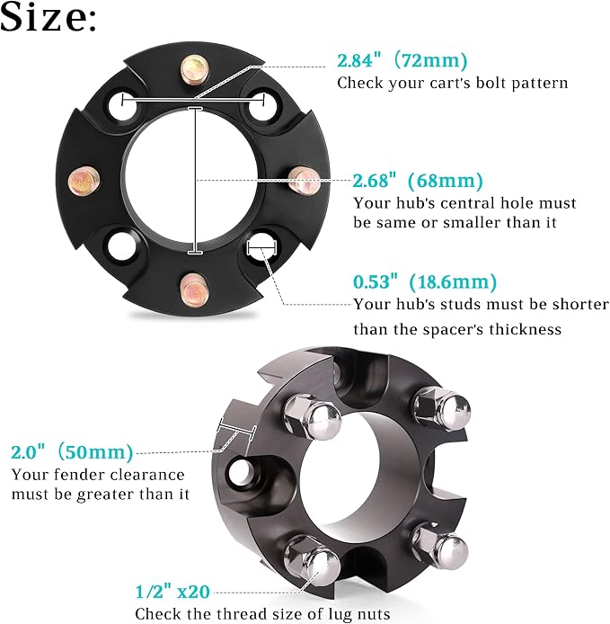 10L0L 2 Inch Golf Cart Wheel Spacers Kit with Lug Nuts, Fits Club Car, Yamaha, EZGO Golf Carts, 4x4 Bolt Pattern, 68mm Hub Bore, 1/2-20 Studs, Aluminum Alloy, Durable 4 Pack Wheel Hub Adapters