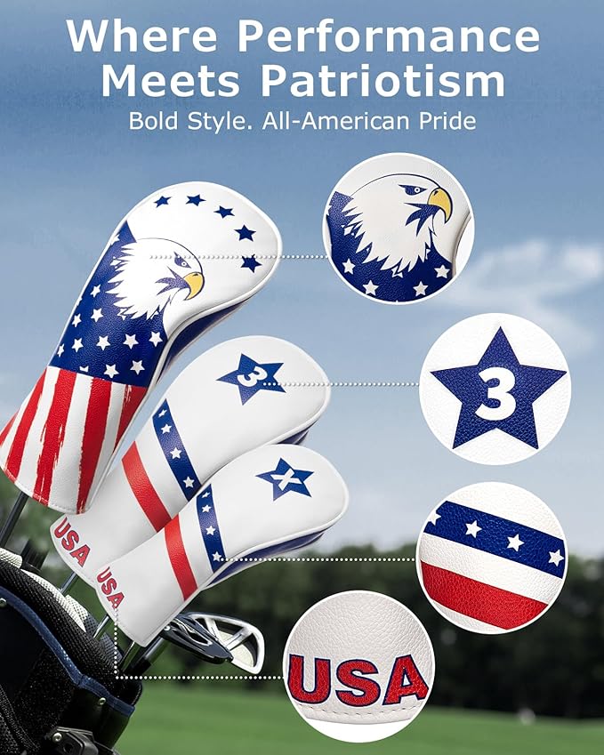 Golf Head Covers, 3 Pack Golf Club Head Covers USA Stars and Stripes, Velour Lined for Extra Club Protection, Designed to Fit All Woods and Drivers Velour Lined