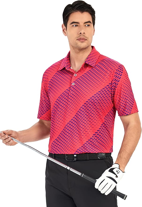 Esabel.C Golf Shirts for Men Dry Fit Performance Short Sleeve Print Moisture Wicking Collared Shirt