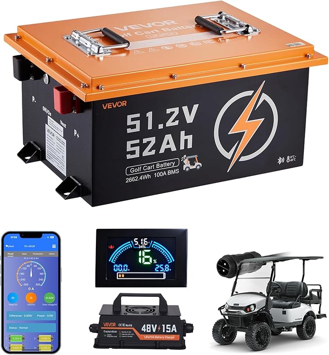 VEVOR 48V (51.2V) 52AH Lithium Golf Cart Battery, with 15A Charger, Lifepo4 Battery Kit, Built-in 100A BMS, with Bluetooth Mobile APP & Display Monitor, 4000 Cycles, for Golf Carts, Trolling Motors