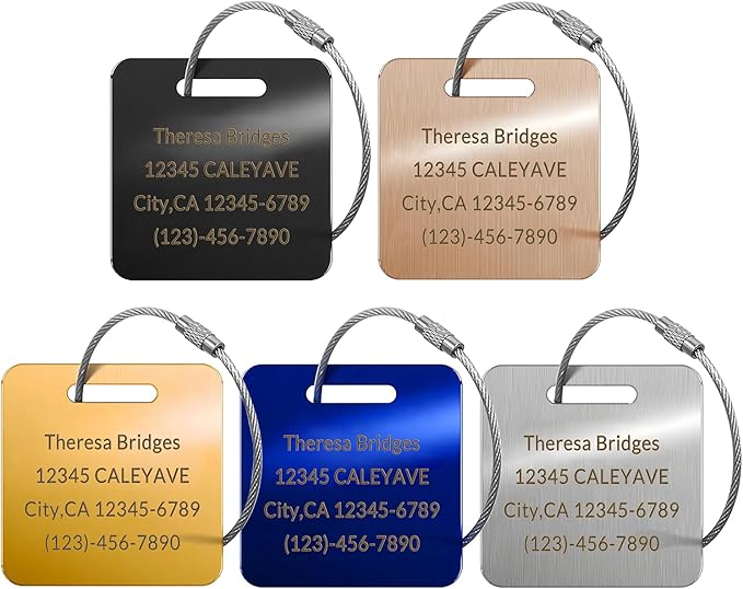 5 Pack Custom Engraved Luggage Tags, 3.8 x 2 inches Waterproof Personalized Luggage Tags, Aluminum Personalized Bag Tags for Suitcases/Backpack/Luggage Accessories [Purple]