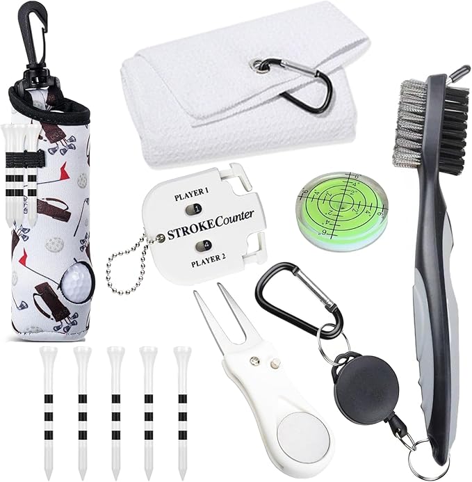 11 Pcs Golf Accessories Kit, Include Golf Ball Bag with Hook Tees Towel Cleaner Brush Ball Marker Divot Tool Score Counter