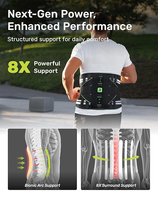 Back Brace for Lower Back Pain Relief, 8X Powerful Lumbar Support with 3D Pad, Support Belt for Men Women, Breathable Back Support Brace with Adjustable Strap, Green Size S