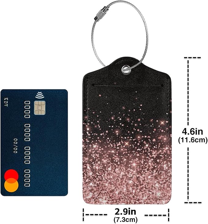 Leather Luggage Tags for Adults Teens,2 Pack Rose Gold Glitter Travel Bag Suitcase Labels with Stainless Steel Loop ID Tags Card Baggage Bag Label