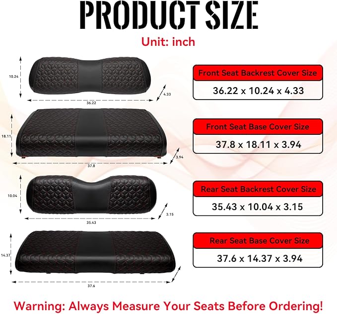 Golf Cart Seat Covers Front and Rear for Club Car DS 2000.5+ Standard Seat Cushion, EZGO Vinyl Leather Seat Cover Set Replacement Accessories, No Staples, Black(4 PCS)