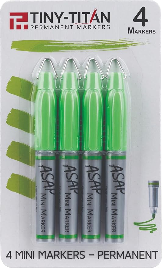 Tiny-Titan Mini Markers, Keychain Clip, Golf Ball Marker, Clip On Nurse's Badge - LIME GREEN Ink - Fine Point - 4 Pens Per Pack