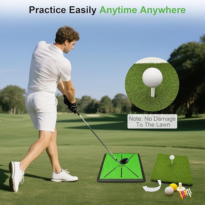 Golf Hitting Mat, with Extra Replaceable Golf Practice Mat for Swing Path Detection Batting Training 16"x12" with Tees, for Driving, Chipping, Indoor/Outdoor