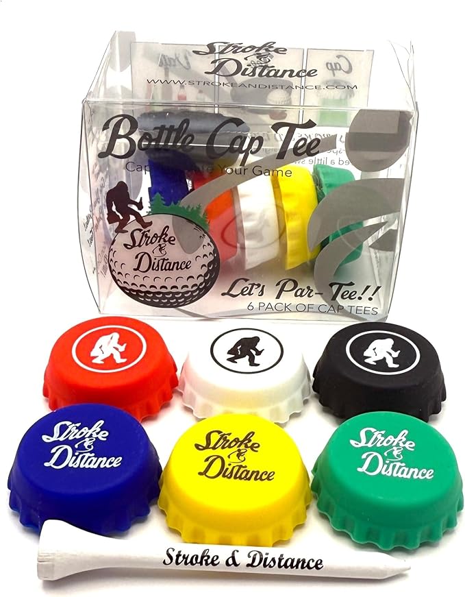 Stroke & Distance Spill Proof Screen Print Bottle Cap - Golf Tee Combo Variety Pack - Par 3 Height - Insert Any Tee - Training Aid