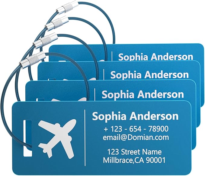 4 Pack Personalized Luggage Tags, Custom Engraved Aluminum Luggage Tags with Your Personalized Text, Waterproof Metal Name Tags with Steel Loop for Bags, Suitcase, Baggage, Backpack (Blue, Small)