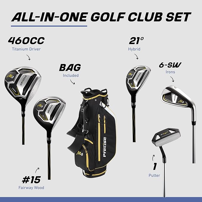 Precise M8 Men’s 17-Piece Golf Set – Driver, Woods, Hybrids, Irons (6-SW), Putter, Stand Bag, 4 Headcovers and Rainhood – K-G Lite Kevlar Shafts