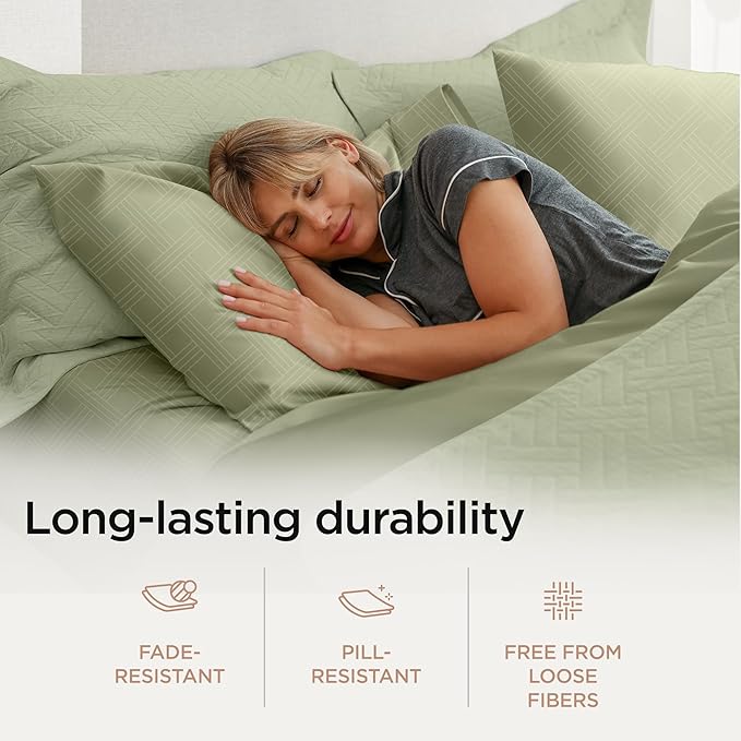Threadmill California King Size Sheets | 800 Thread Count Jacquard Celine Sage Green | 4 Piece Striped Bed Sheets | Extra Long Staple Cotton Sheet | Luxury Damask Sheets with Elasticized Deep Pocket